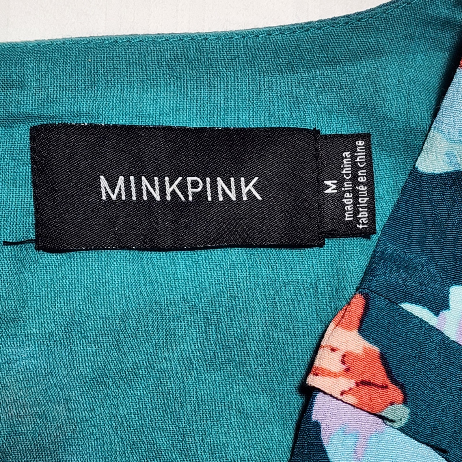 Minkpink Romper Womens Medium Green Pink Floral Short Long Sleeve Ruffles V Neck