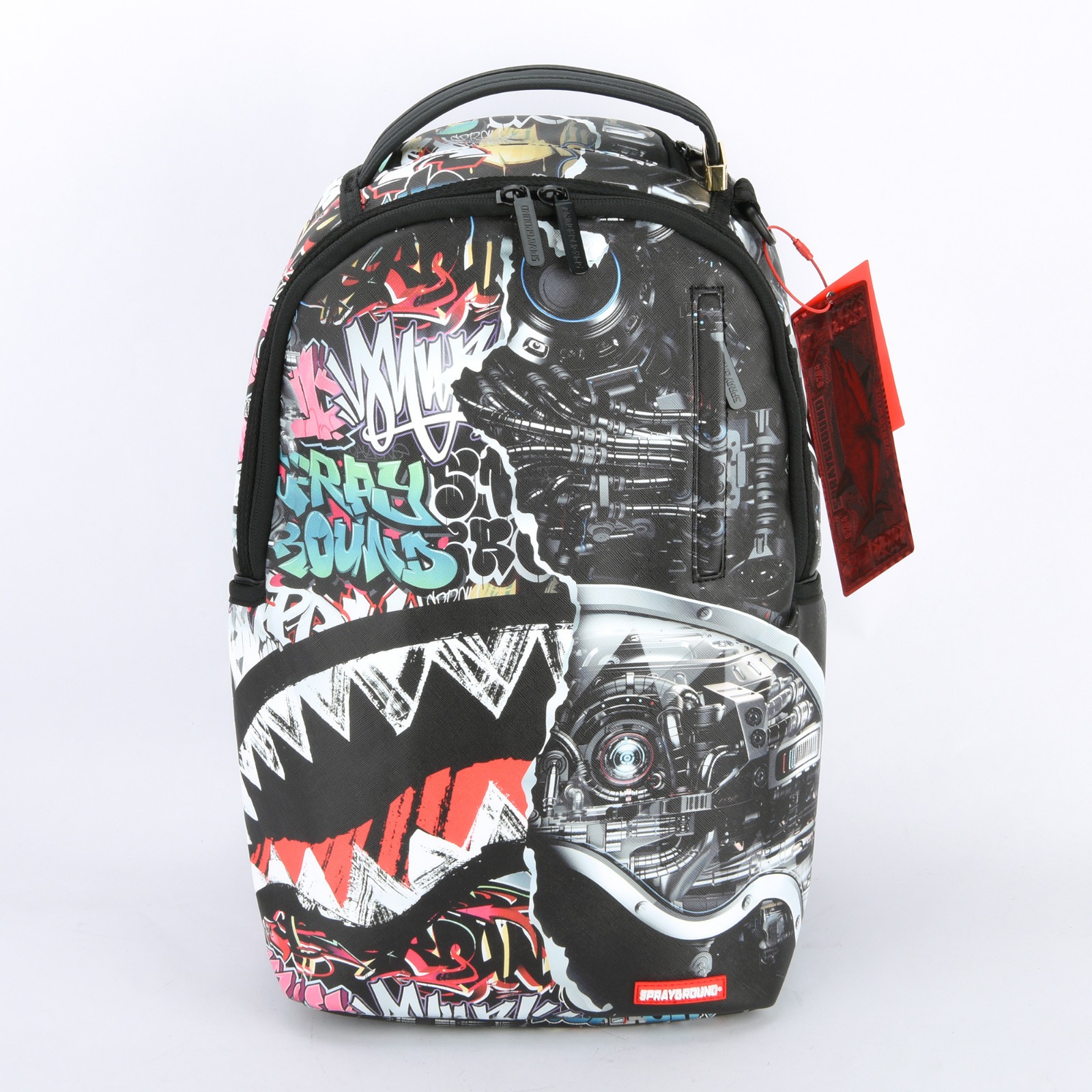 Sprayground New City Android Shark Leather Bag zipper Backpack Unisex Black