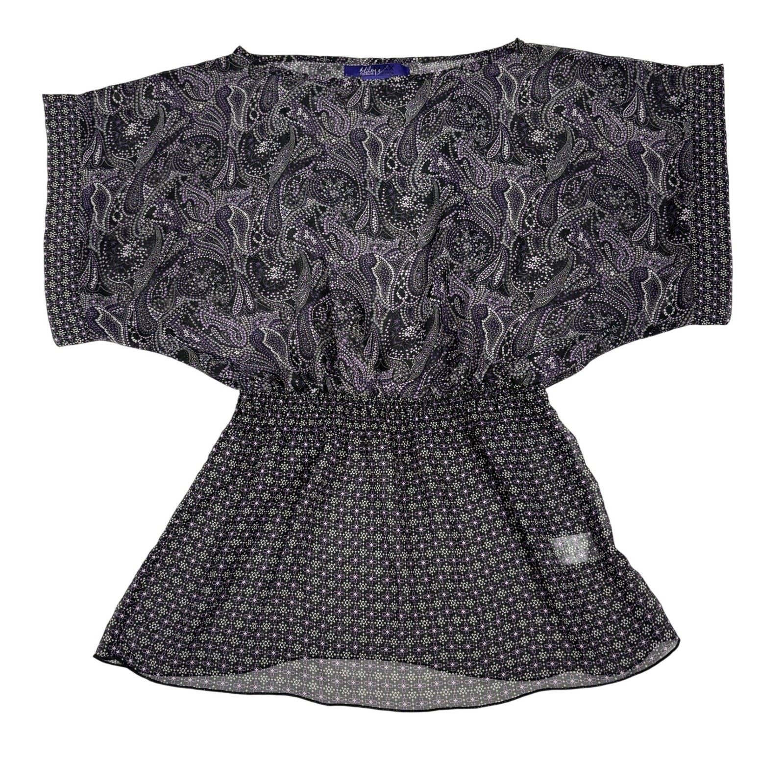 Miley Cyrus Max Azria Sheer Paisley Boho Tunic Top M Purple Batwing