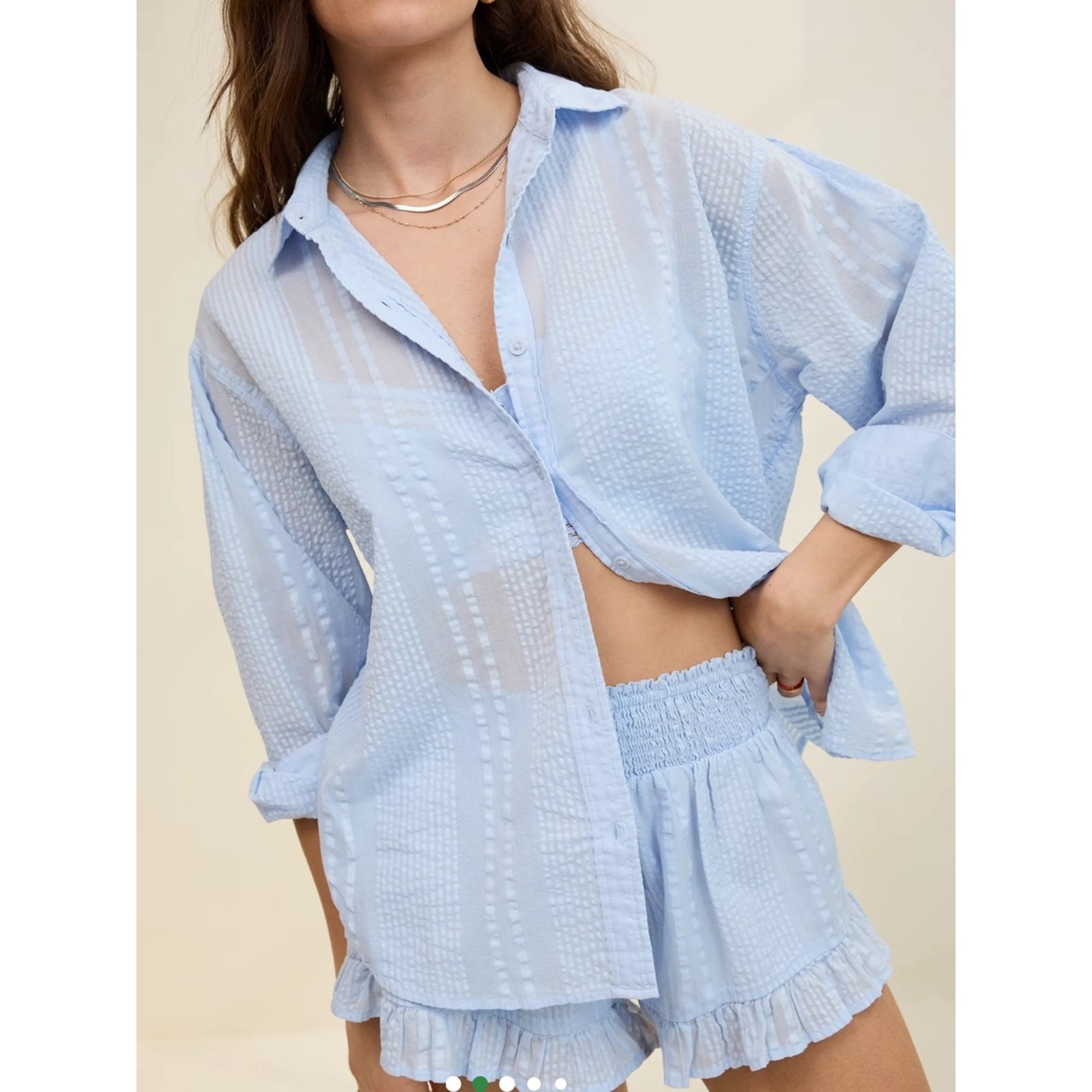 Aerie Seersucker Oversized Coverup Shirt Baby Blue Button Down 100% Cotton XXS