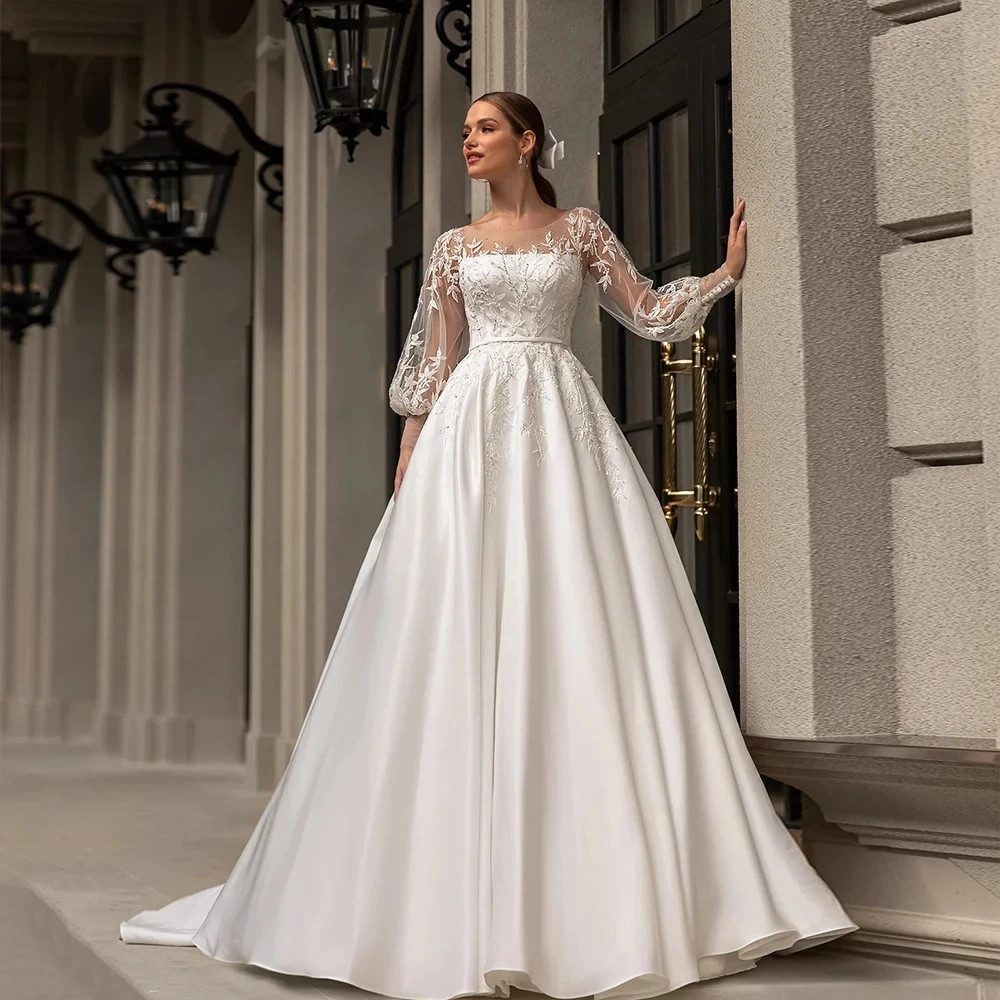 White Satin Wedding Dresses Long Lace Puff Sleeve A-Line Bridal Gown With Train