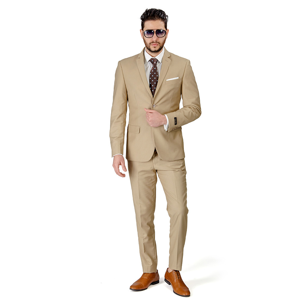 Tan Beige Slim Fit Men Suit 2 Button Notch Lapel Azar Man Vest Optional 4030-10