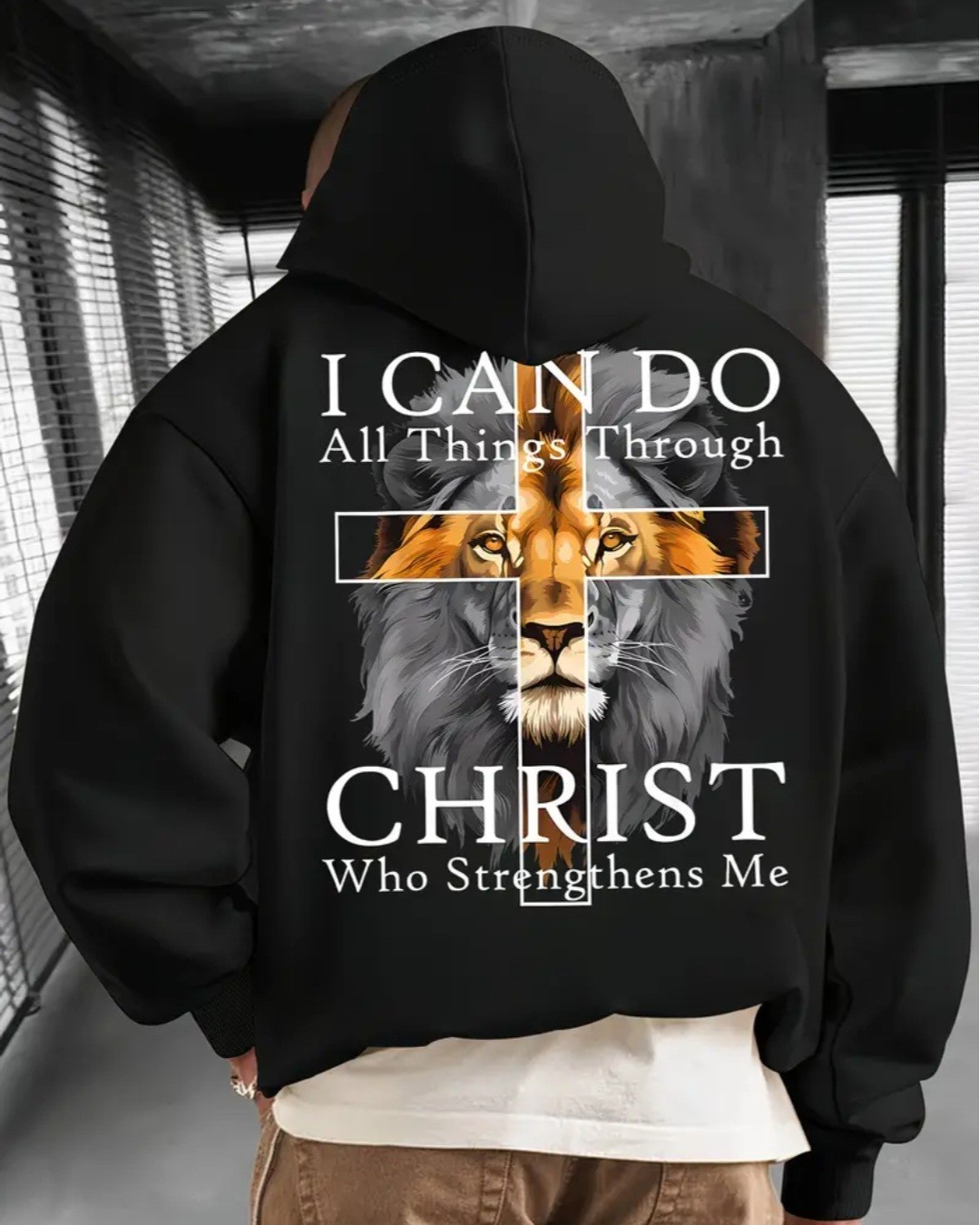 Lion Print Drawstring Hoodie -I CAN DO ALL THINGS THROUGH CHRIST …