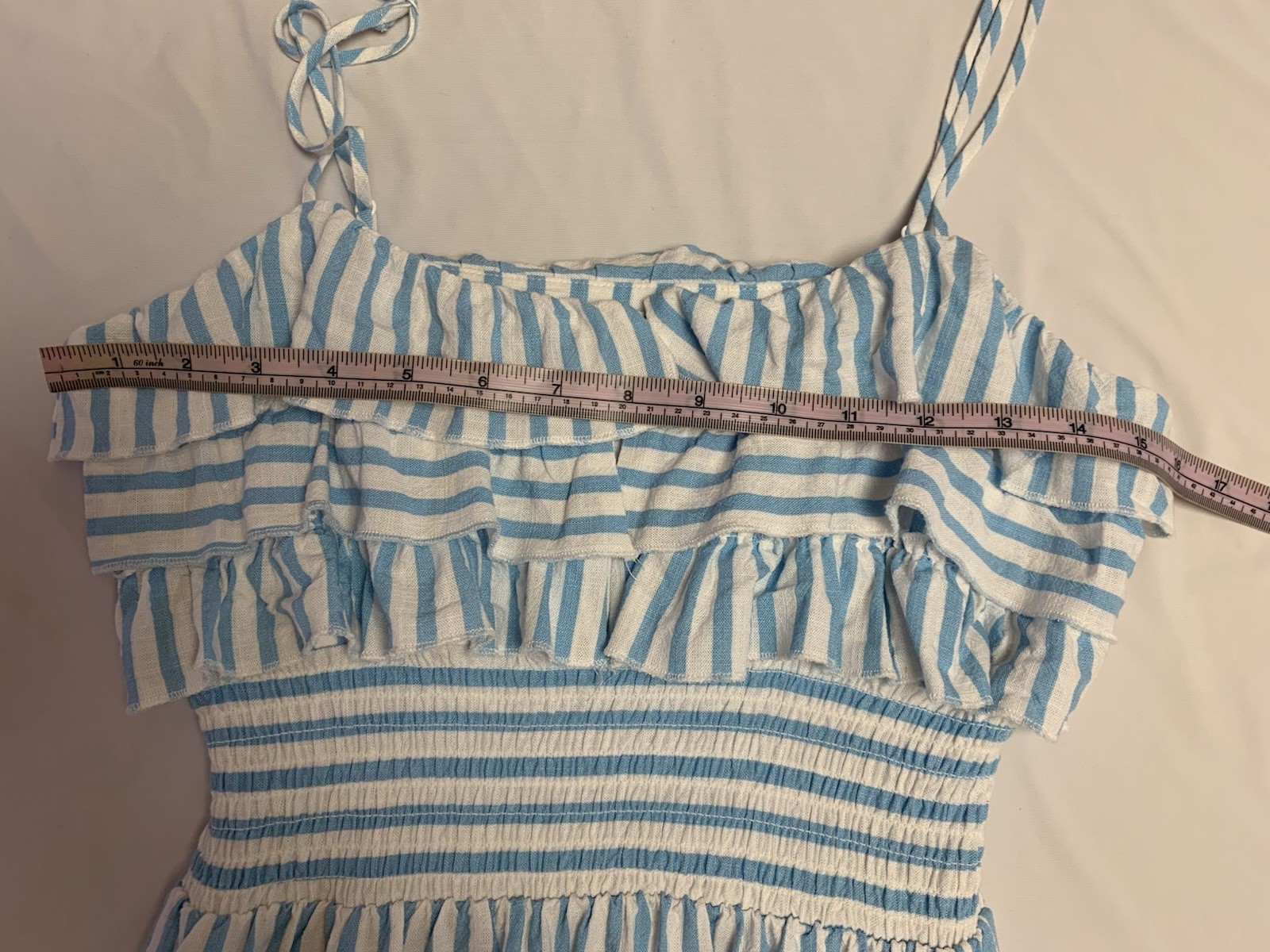 Aqua long turquoise and white striped dress with ruffles size S rayon