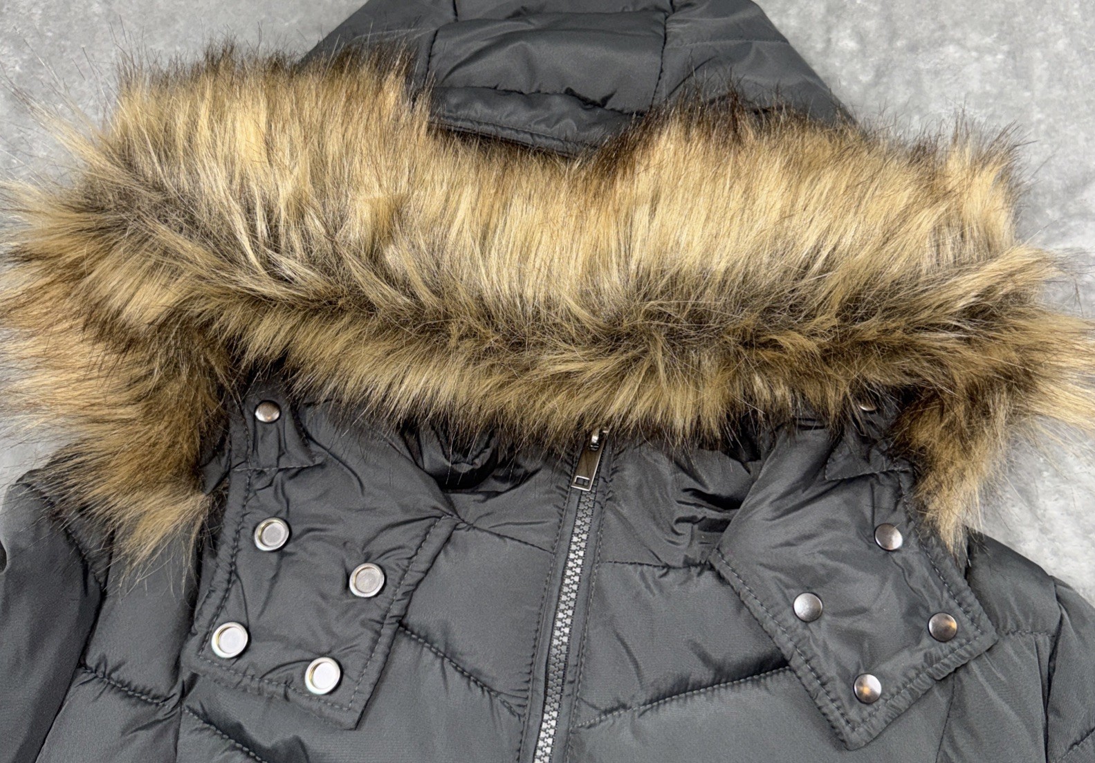 Seraphine Long Maternity Puffer Coat Women Size 6 Black Hooded Faux Fur Trim