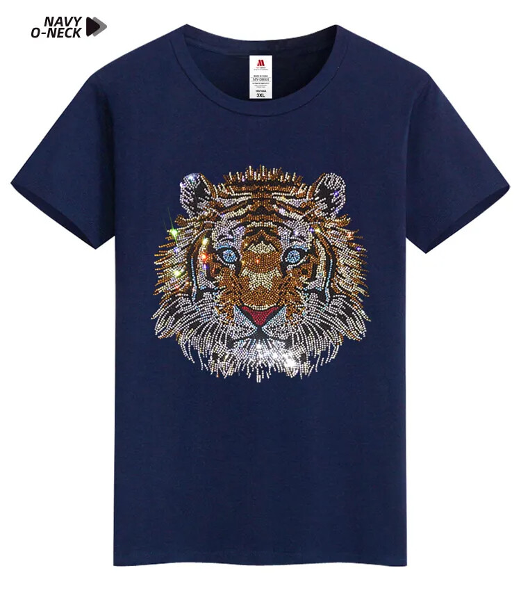 New Fashion Tiger Rhinestones Summer Short Sleeve Luxury Men Designer T-Shirt