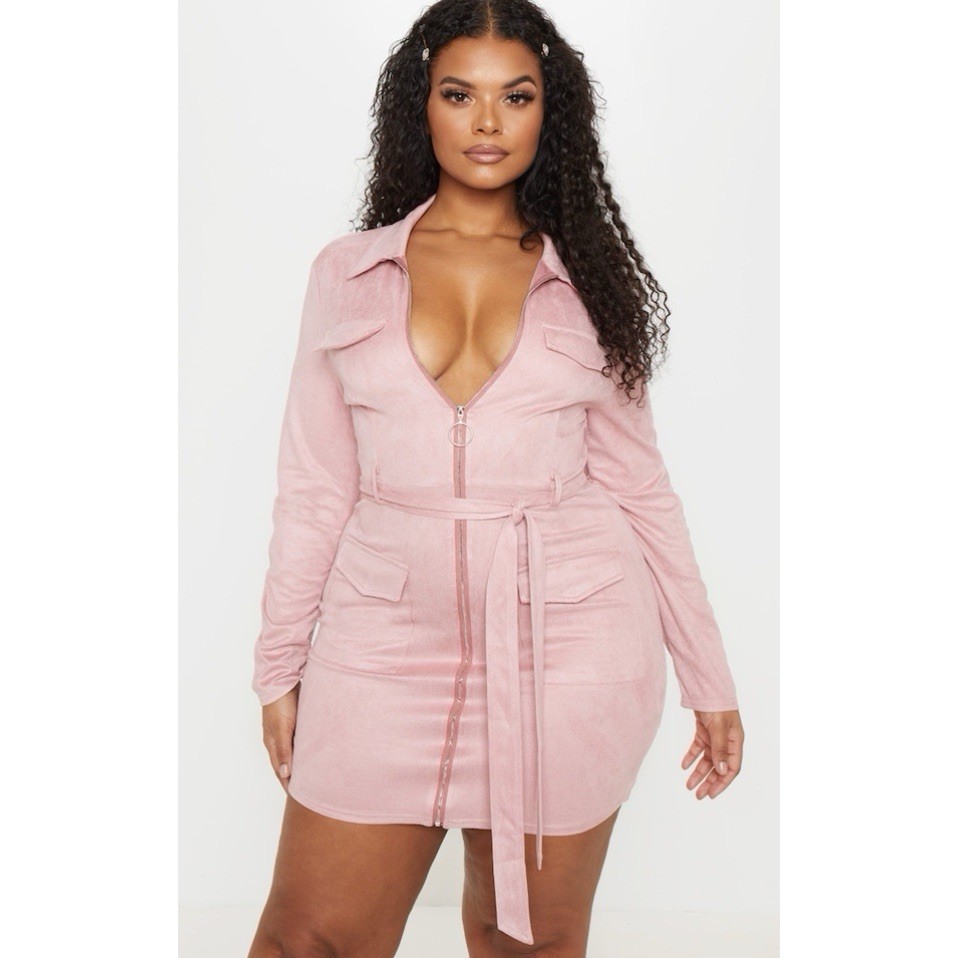 Pretty Little Thing NWT Dress Pink Faux Suede Bodycon Mini Size Plus XL