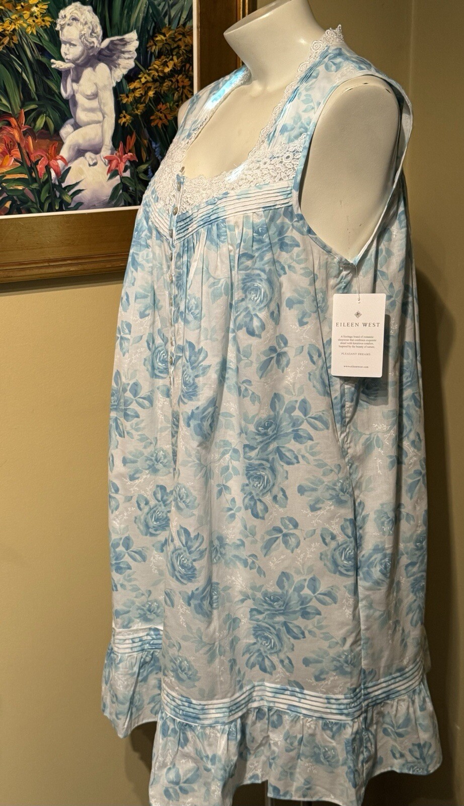 EILEEN WEST E5325037 AQUA ROSE SLEEVELESS COTTON LAWN CHEMISE NIGHTGOWN ~ MEDIUM