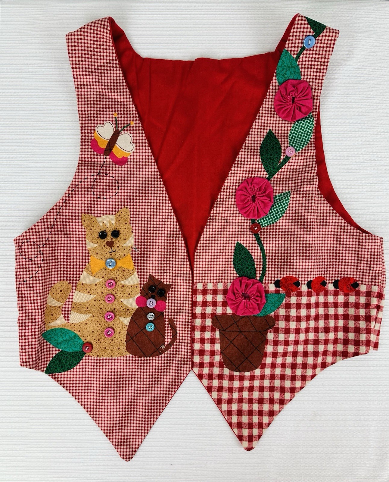 Vtg Homemade Embroidered Vest Youth Sm-Med Cat Dog Flowers Butterfly Red Gingham
