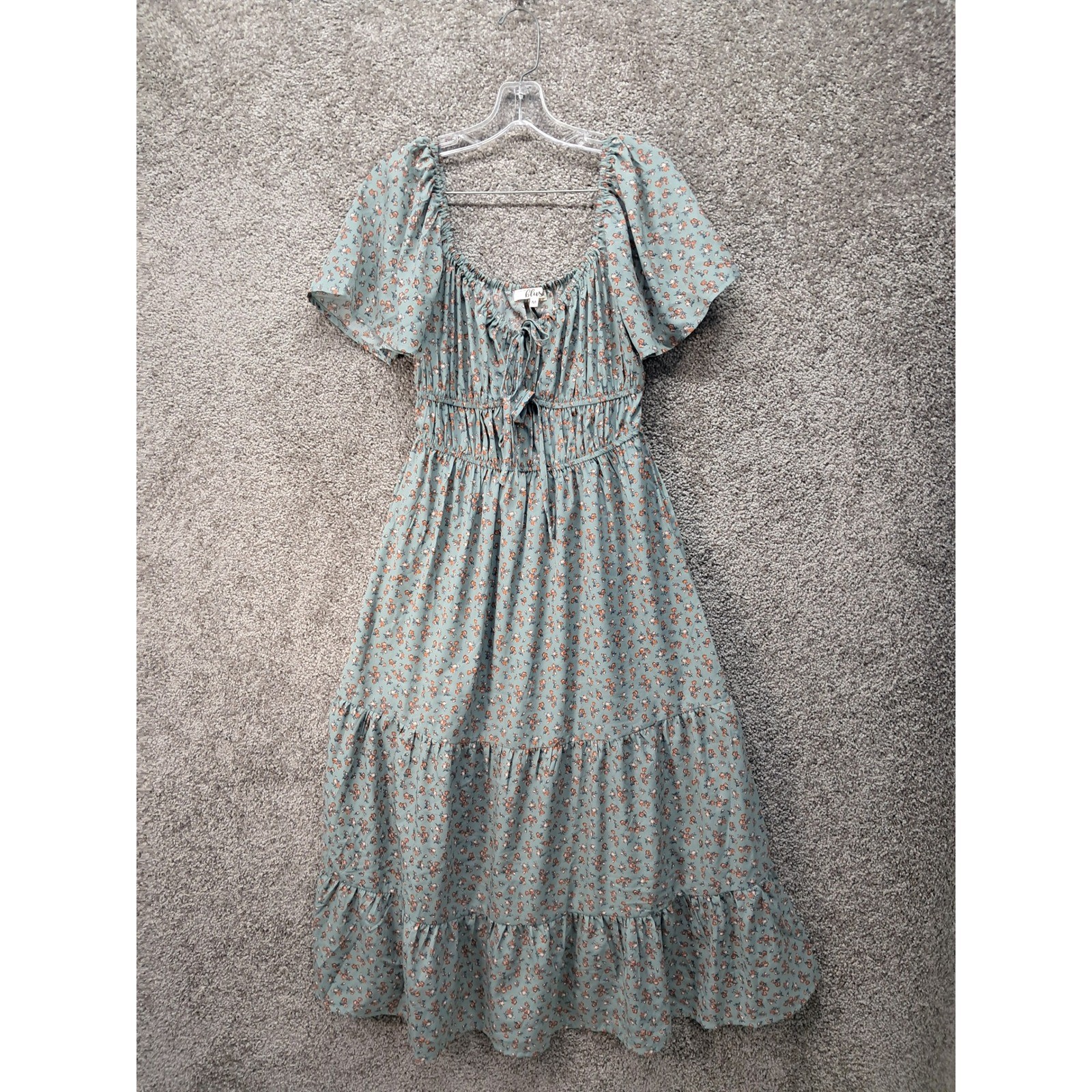 Hint of Blush Womens Floral Midi Dress Sage Green Smocked Tiered Boho Size M