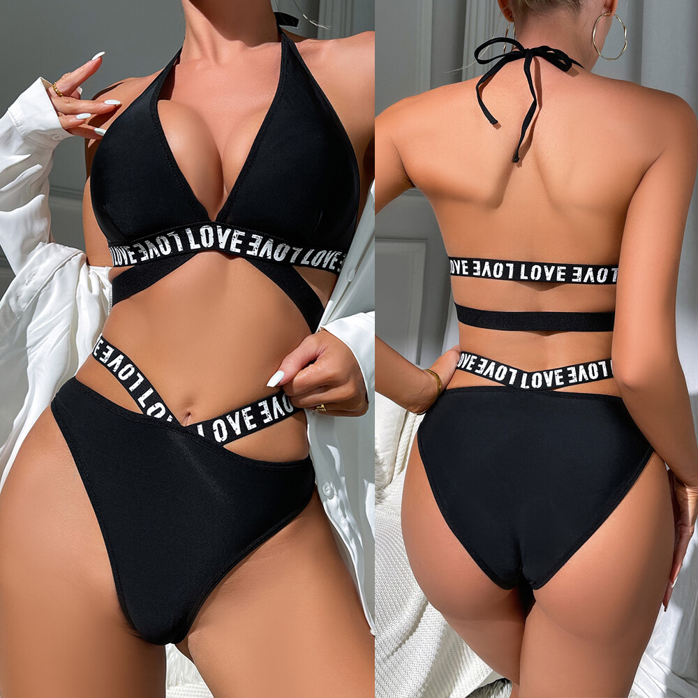Women’s Sexy Lingerie Letter Print Belted Bra and Panty 2 Piece Pajamas Set US