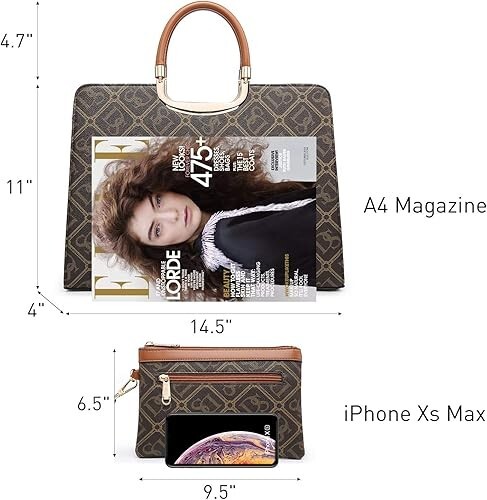 Handbags women, Brown w/ gold accents, 14.5″W x 11″H x 4″D, handle drop4.7″