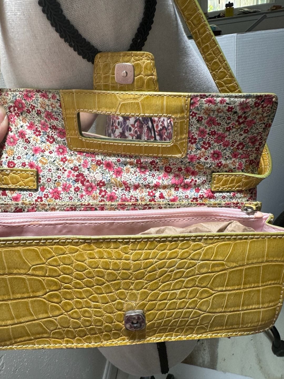 Liz Claiborne Accessories Yellow Faux Croc Embossed Shoulder Bag with Floral Int