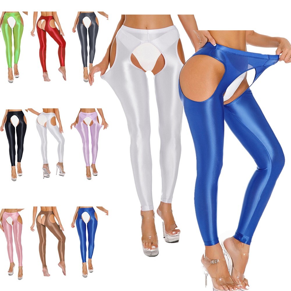US Womens Glossy Crotchless Tights Pants Stretchy Elastic Fitness Yoga Trousers