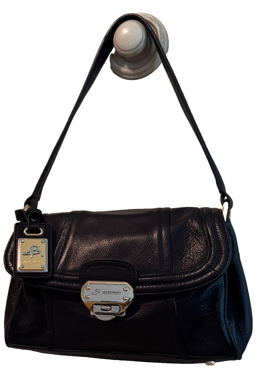 B Makowsky Leather Handbag Black Shoulder Bag W/black Strap