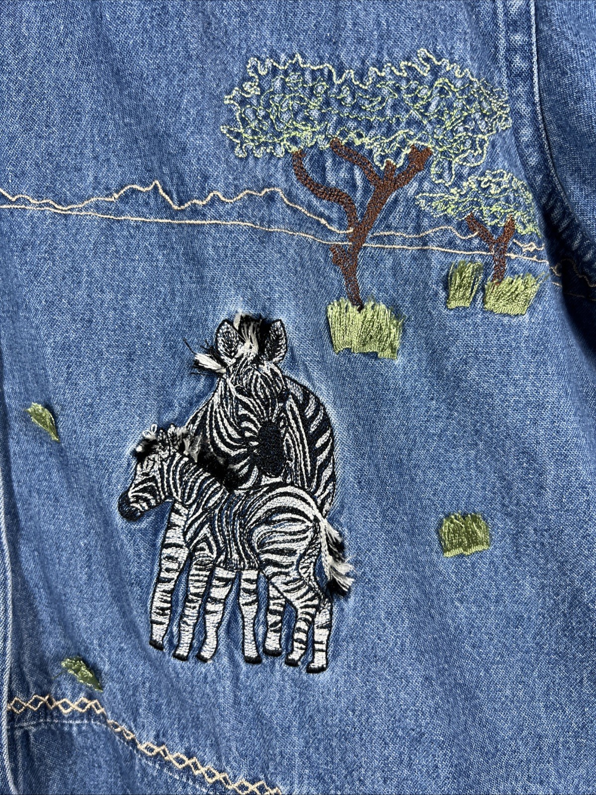 Vintage Lemon Grass Safari Denim Blouse Lion Zeba Embroidery Size Petite Medium
