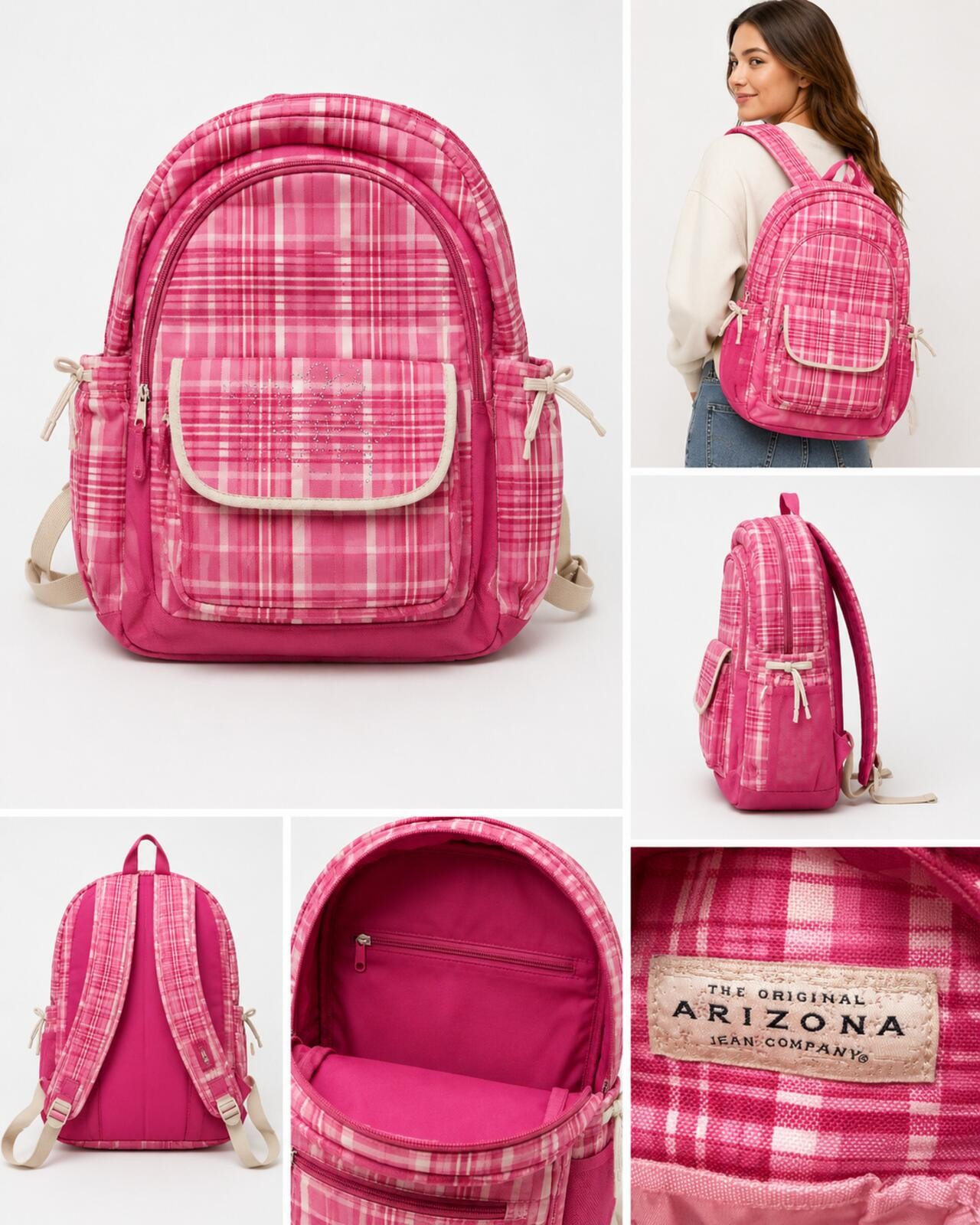 Arizona Jean Company Pink Plaid Backpack Multi Pocket School Travel Book Bag