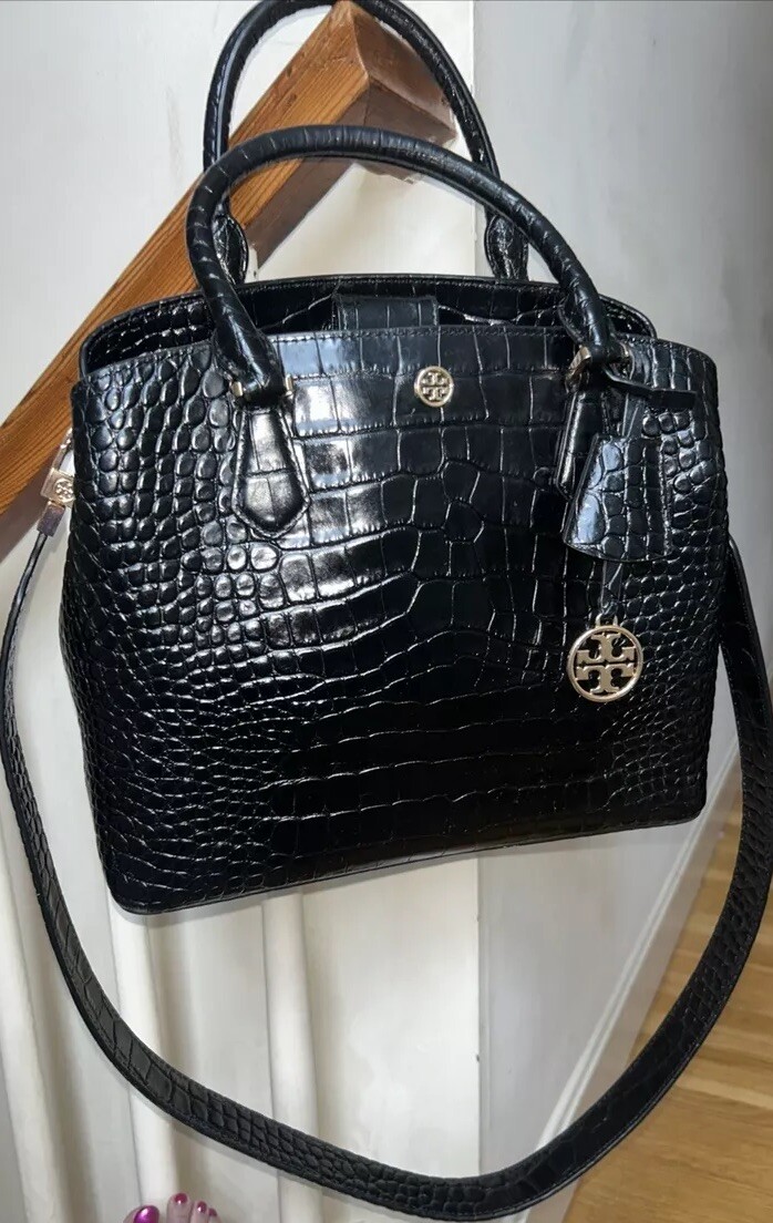 Tory Burch Robinson Crocodile Embossed Crossbody Purse Designer Bag, Black,