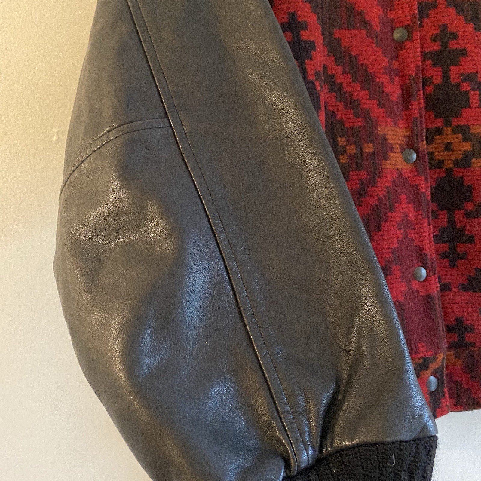 Vintage 90s Woolrich Aztec Jacket Bomber Wool Small USA Southwestern Leather 80s