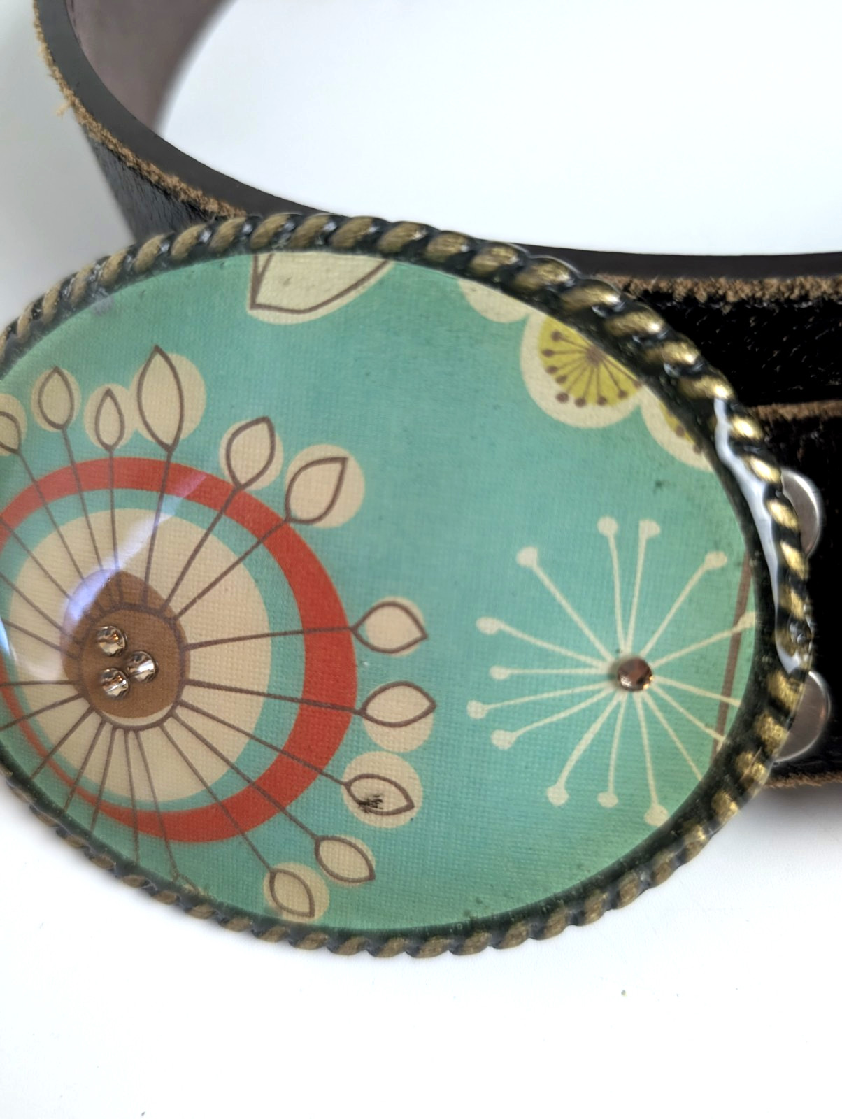 Genuine Leather Brown Belt Teal Floral Oval Buckle Removable Snap Closure