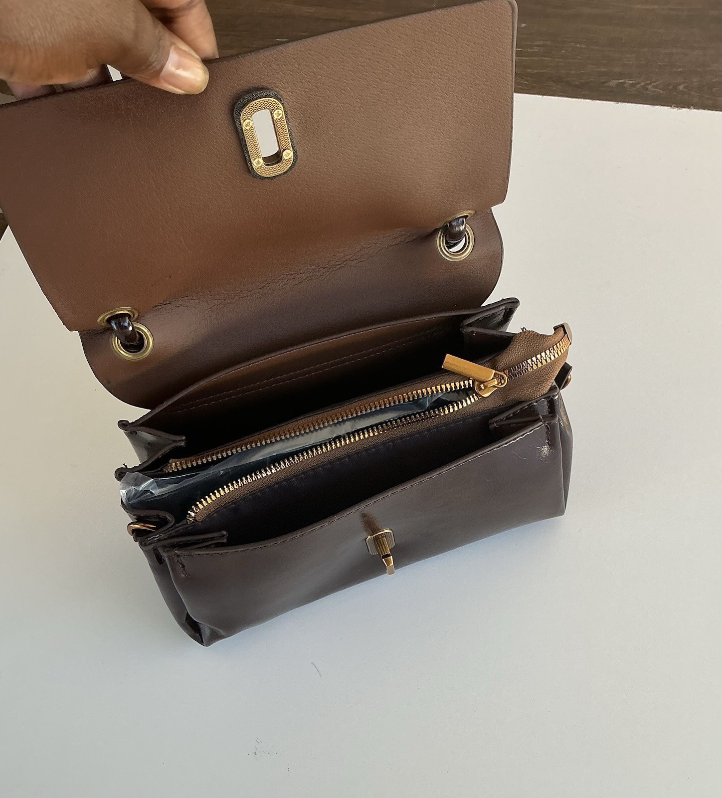 Brown Top Handle Bag w/ Turn Lock & Zip, Gold Hardware, Lined Inner Pockets