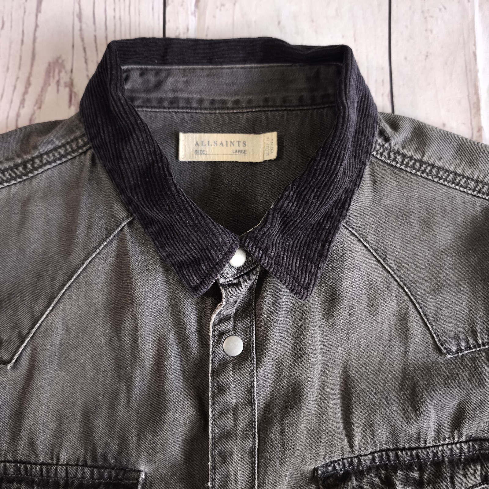 AllSaints Denim Shirt Mens Large Genki Black Grey Pearl Snap Distressed Western