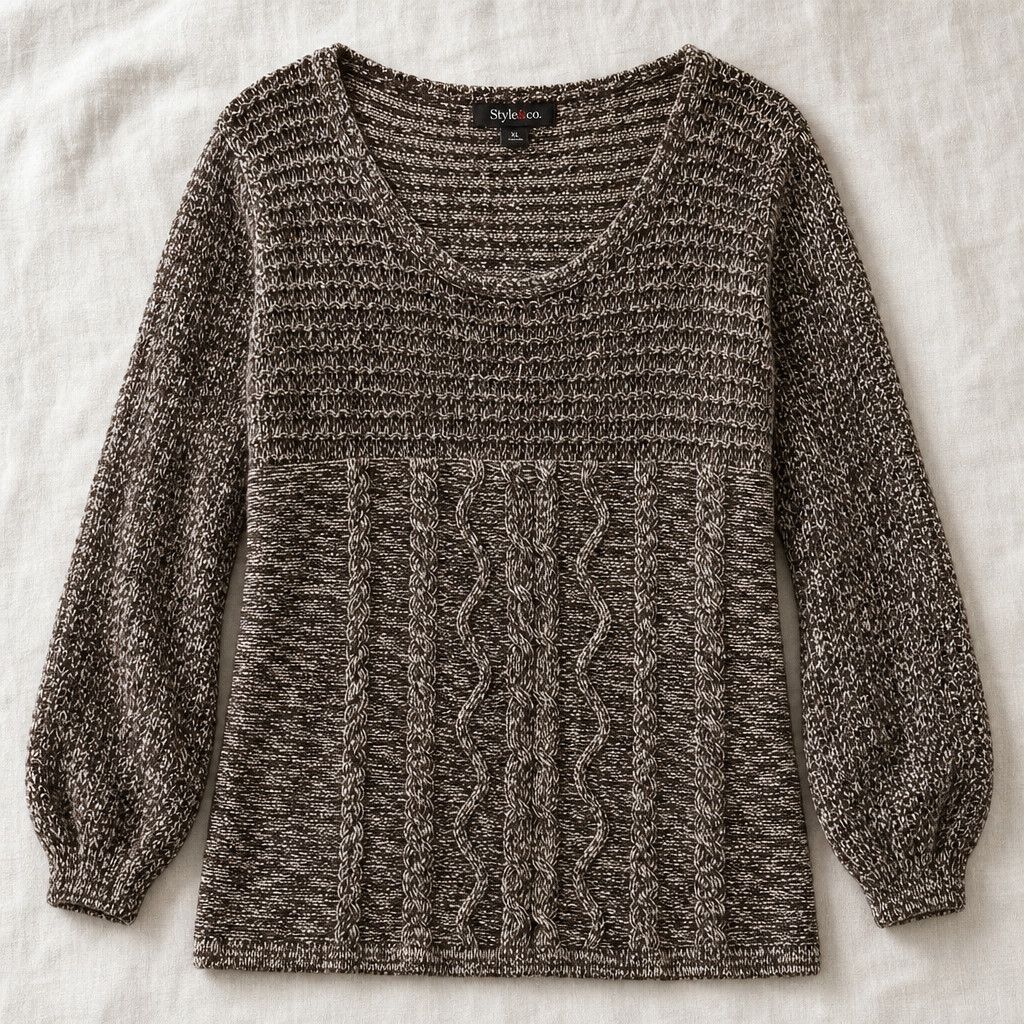Style & Co Women’s XL Marled Cable Knit Tunic Sweater Brown Cream 2000s