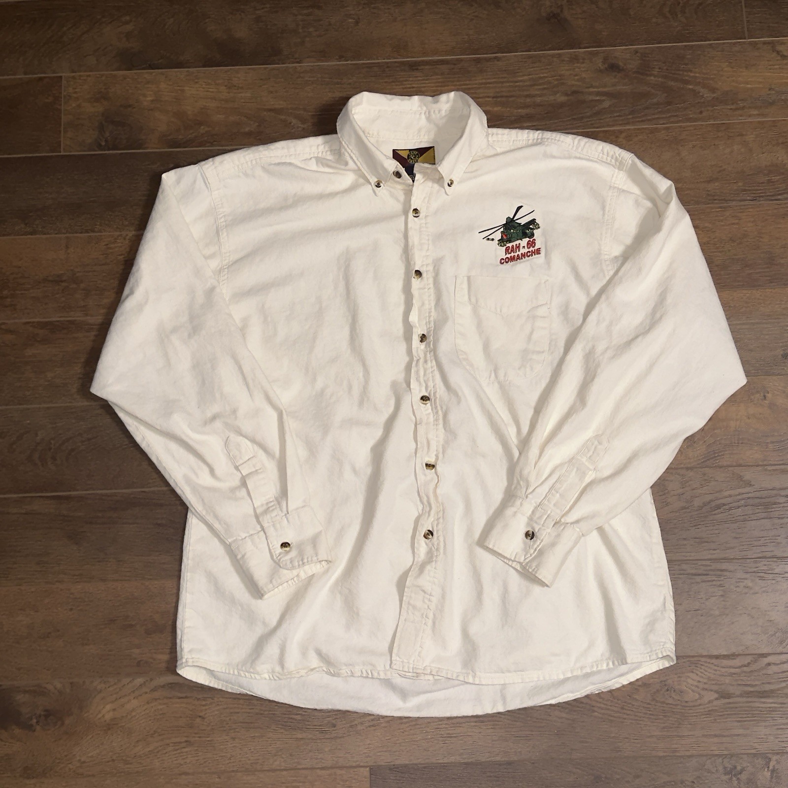 Vtg Camp Creek Men’s L Button Up Shirt RAH-66 Comanche Beige Cotton
