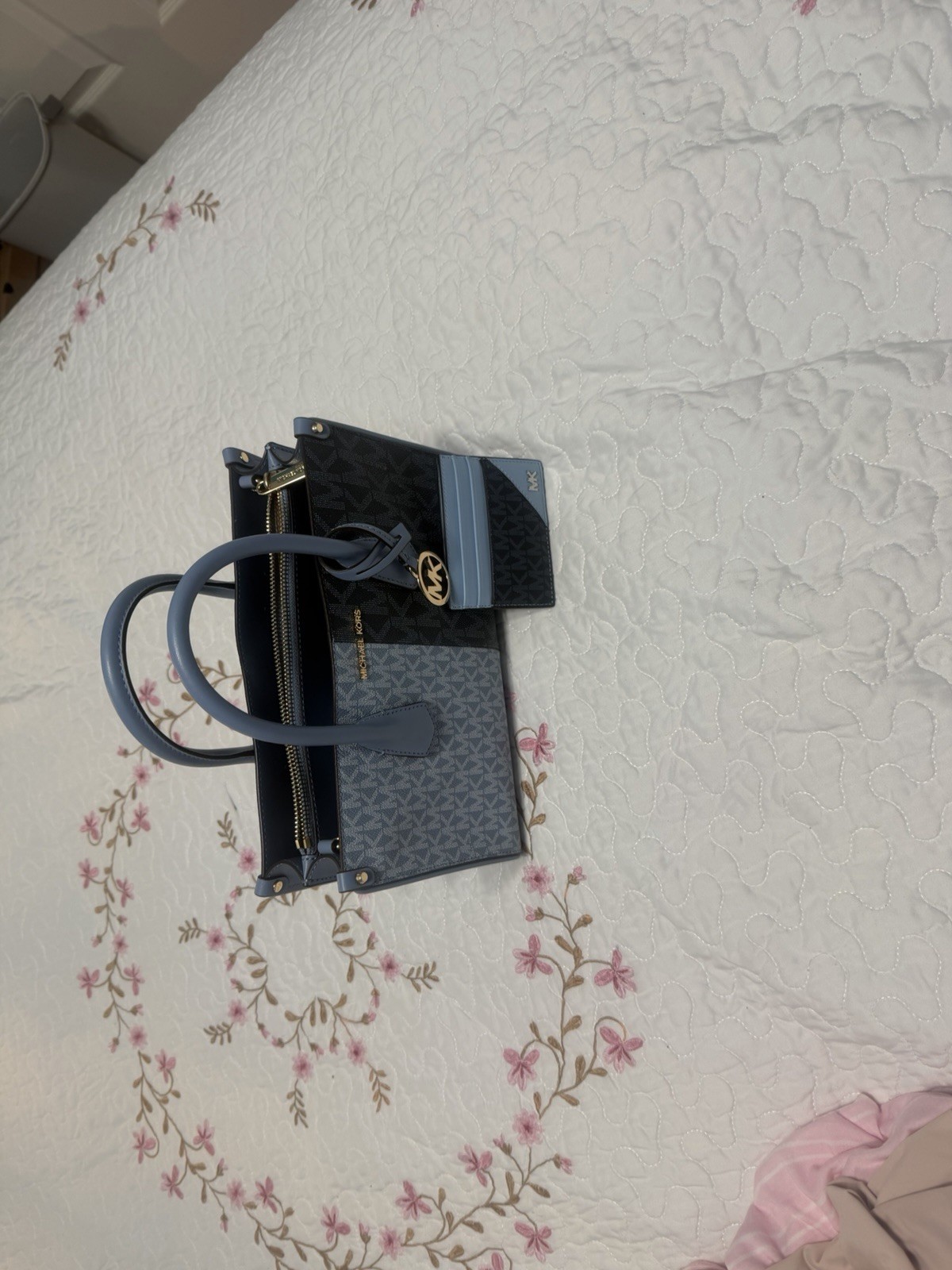 Michael Kors Monogram Blue Black Small Satchel Zip Double Handle Charm Pockets