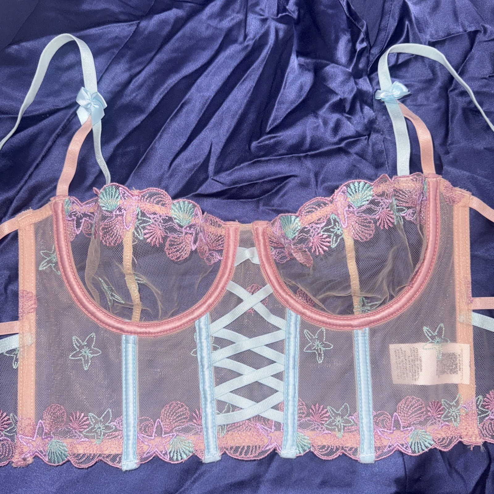 ASOS Design Fairy Beach Corset Mermaid Shells Embroidered Sheer Top Bra Size 32B