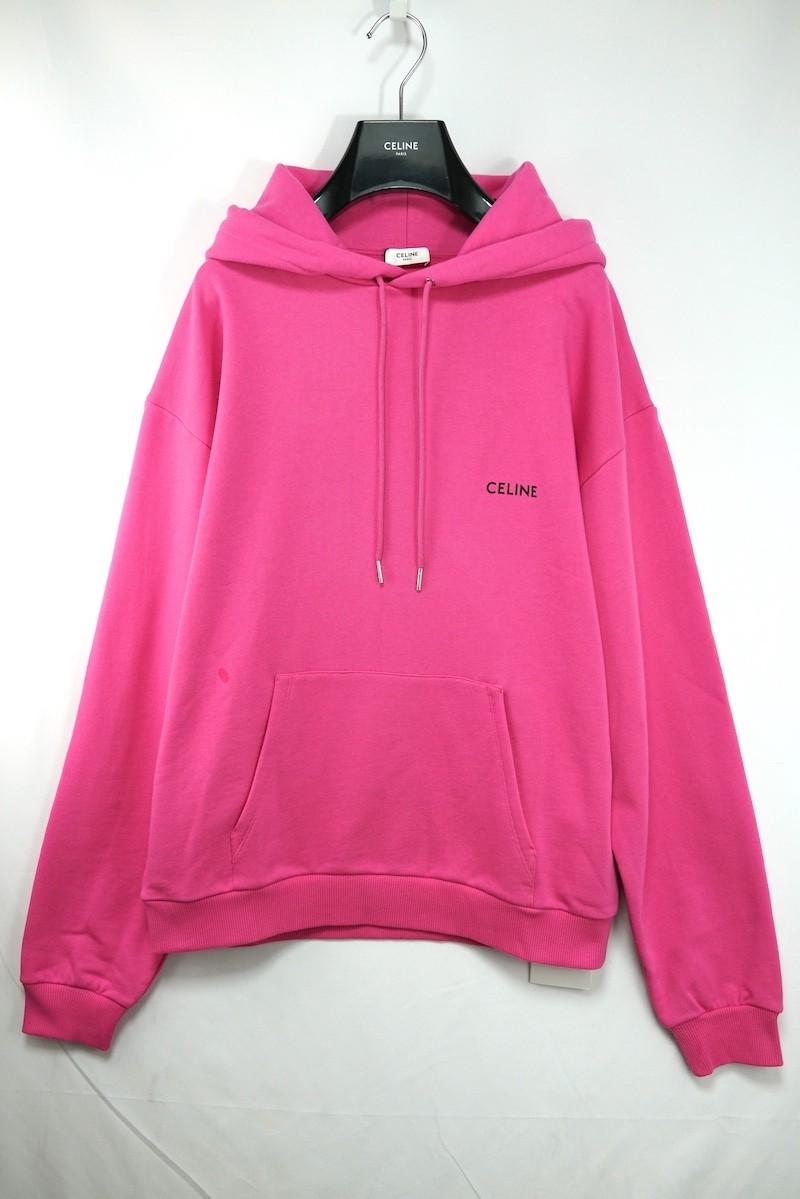 CELINE Front Logo Loose Hoodie Sweatshirt Pink Cotton Size M 2Y958670Q New