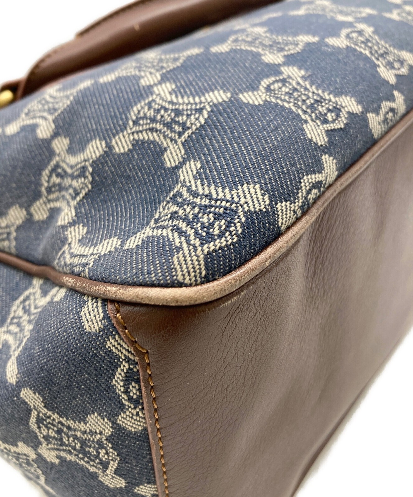 Auth CELINE Denim Boogie Tote Bag Handbag Navy Brown Leather Pockets Women’s