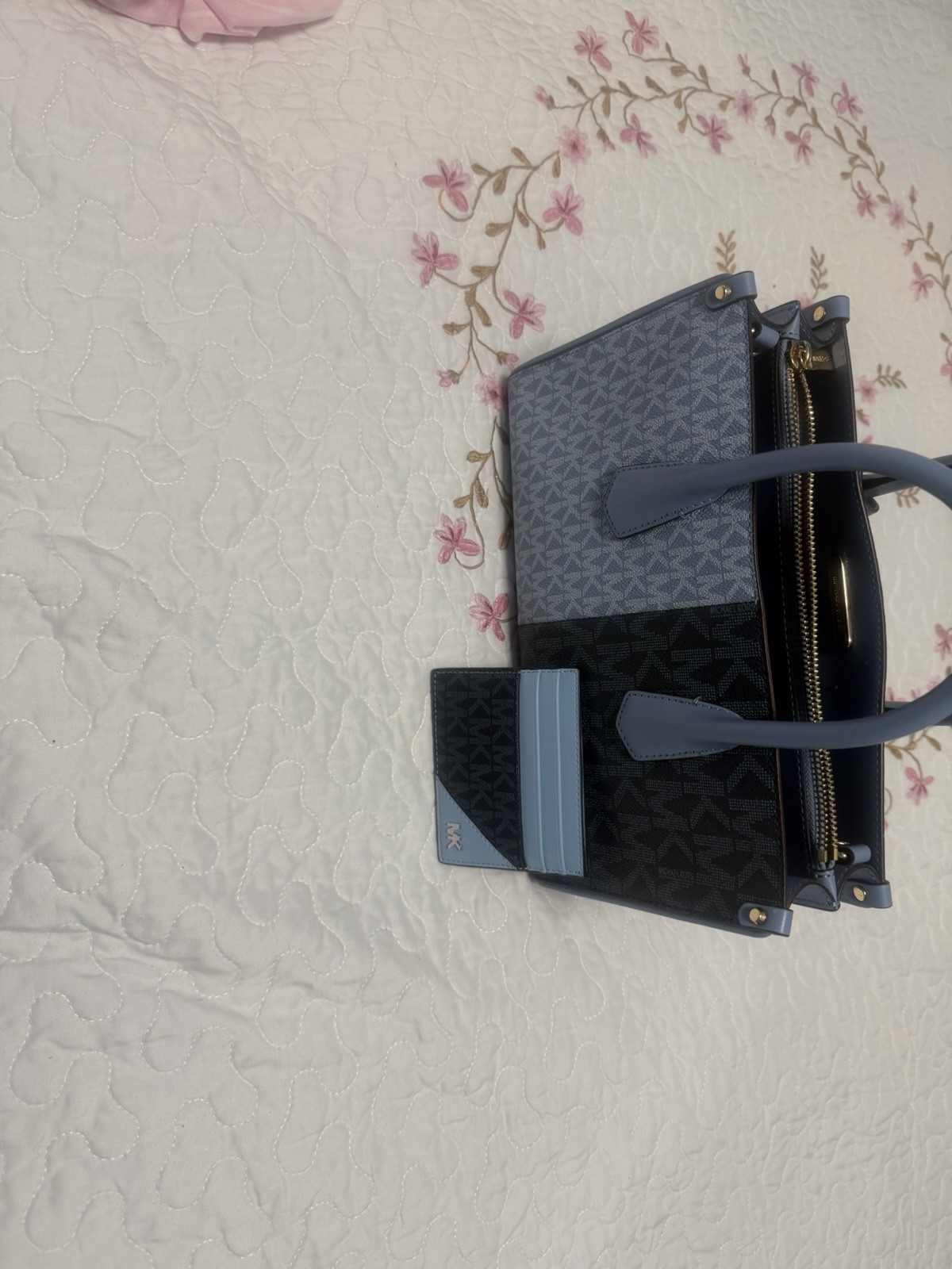 Michael Kors Monogram Blue Black Small Satchel Zip Double Handle Charm Pockets