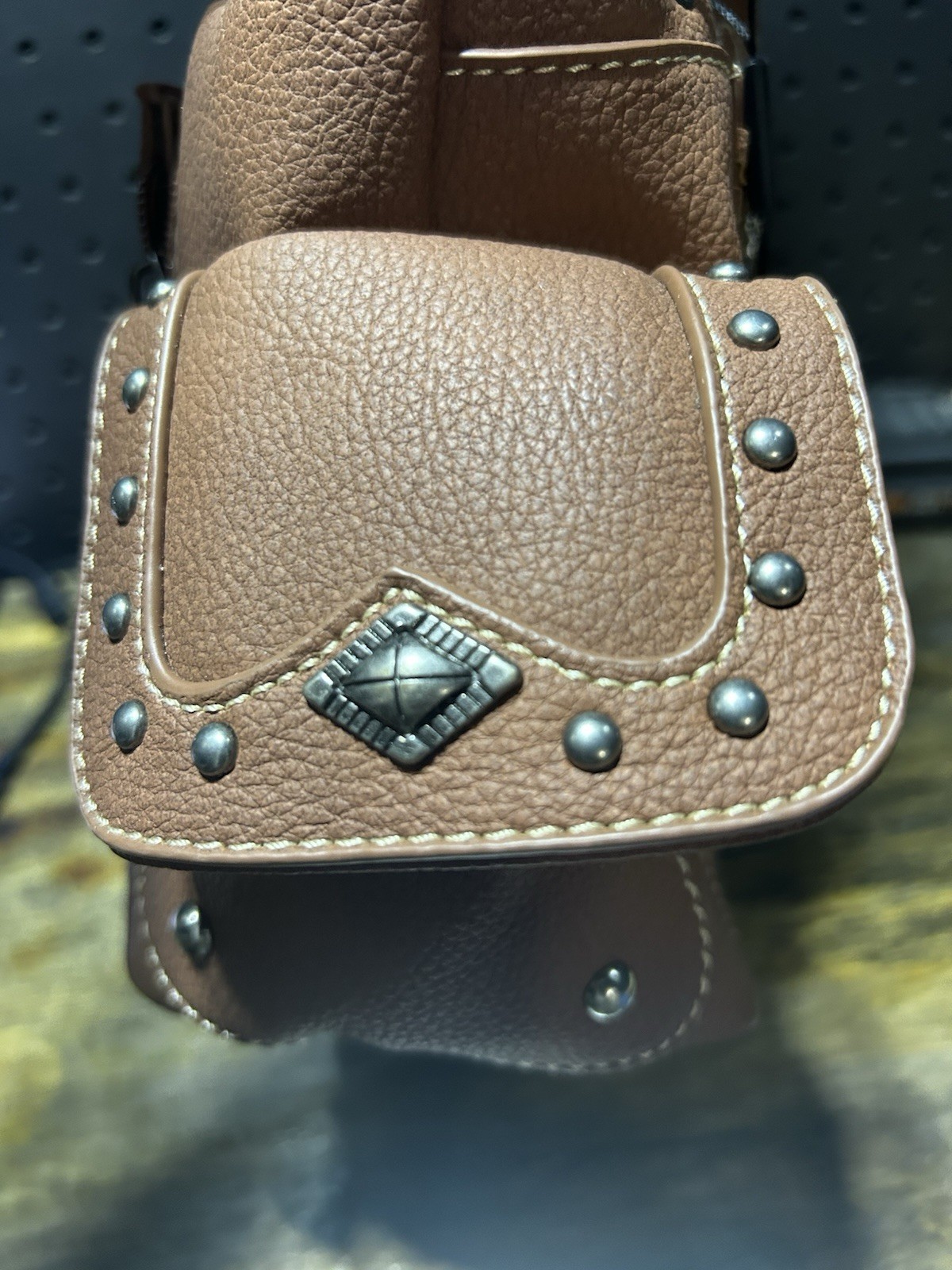 Montana West Brown Studded Pebbled Satchel Top Handle Zip Lined Pockets Strap