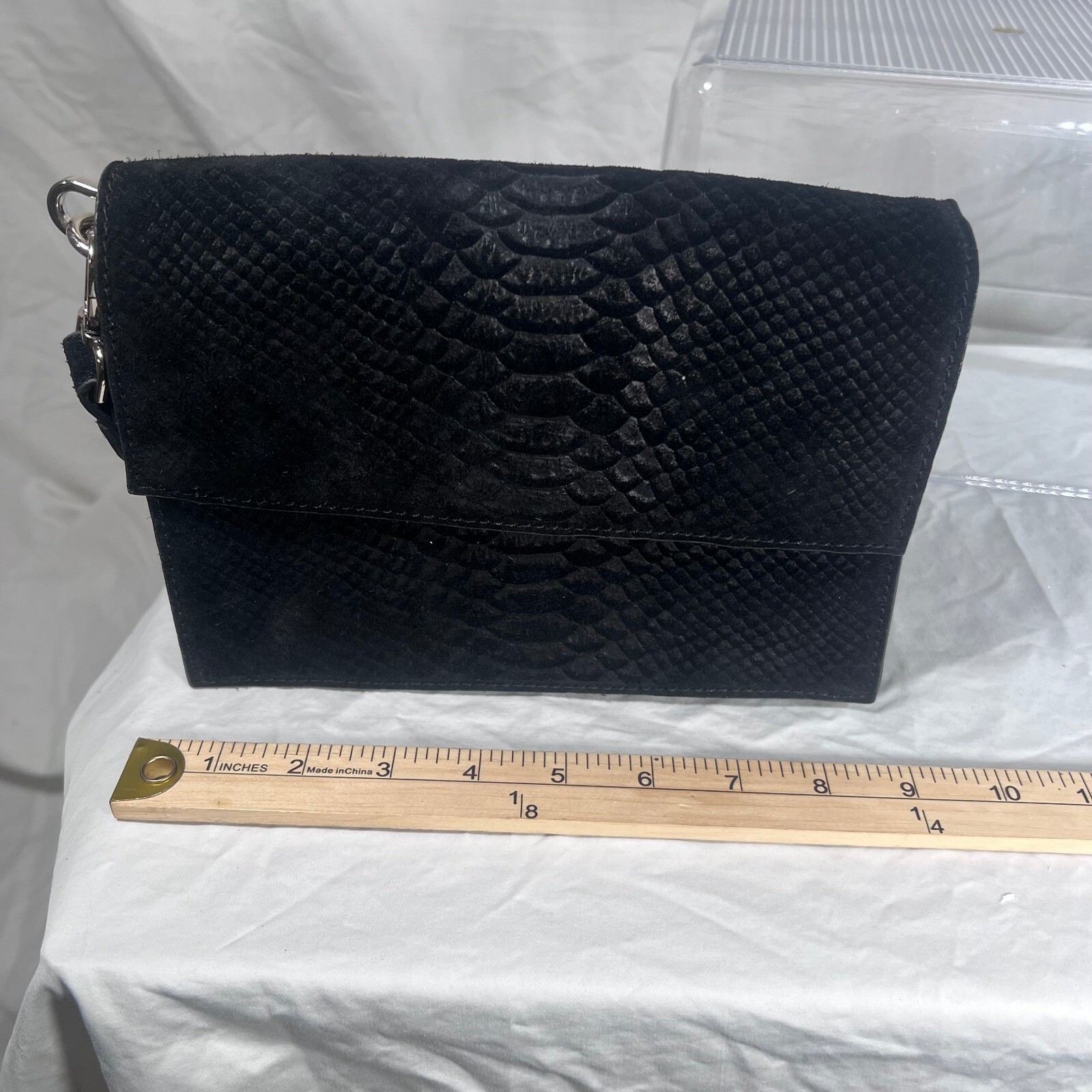 Black Snake Embossed Flap Crossbody Bag Detachable Strap Silver Hardware