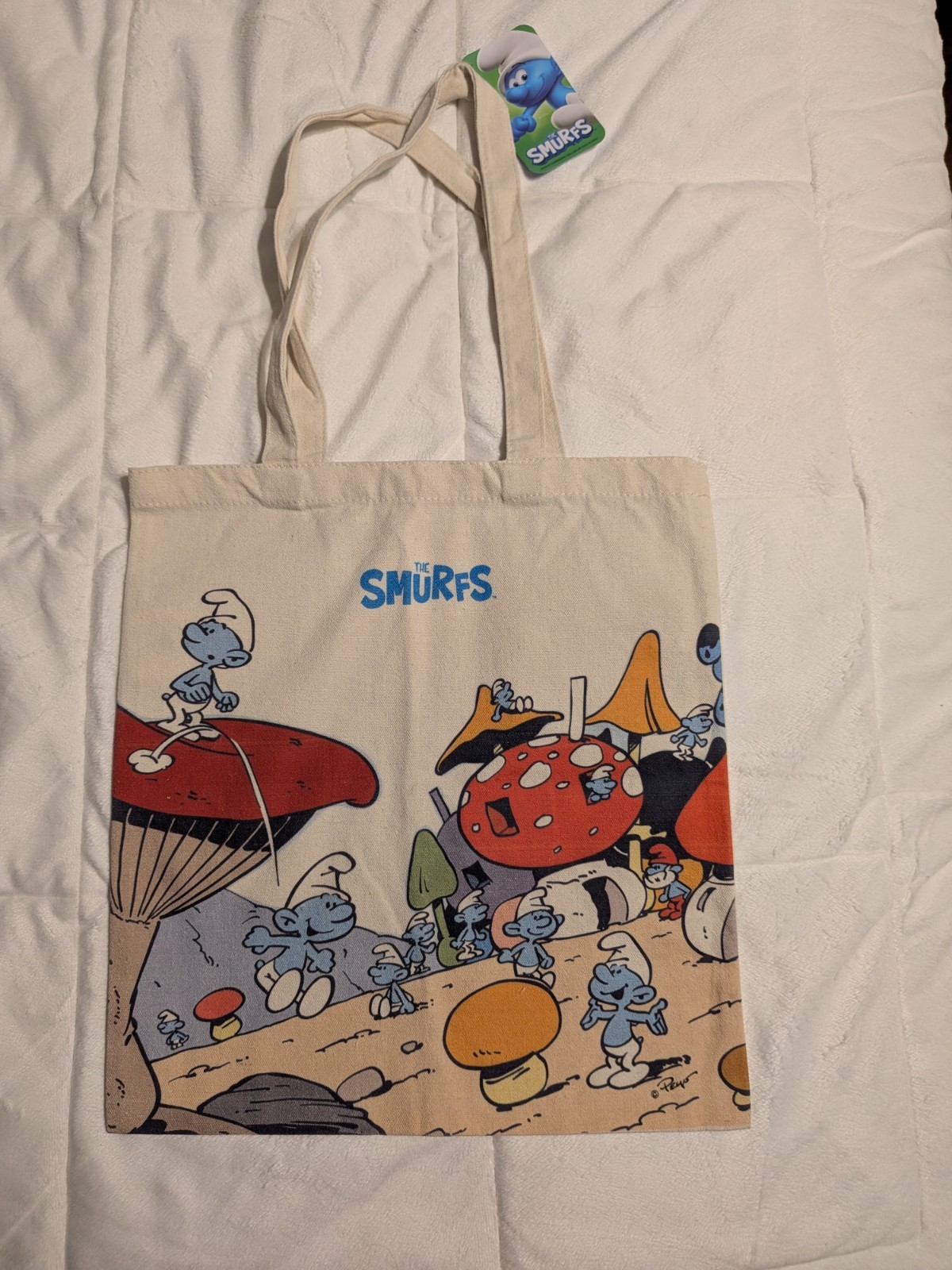 The Smurfs Canvas Tote Bag NWT Mushroom Village Graphic Grocery Shopping