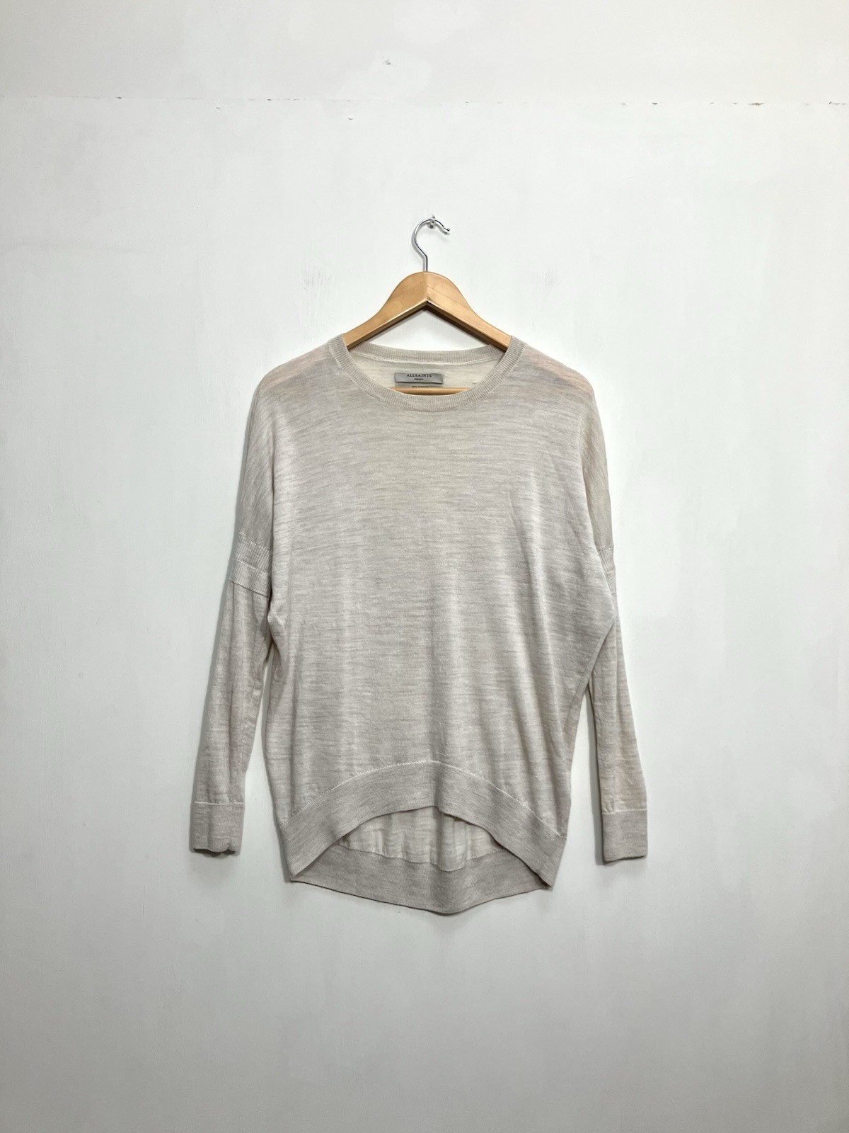 All Saints 100% Merino Wool Jumper Womens Size Small Beige Thin Knit Open Elbow