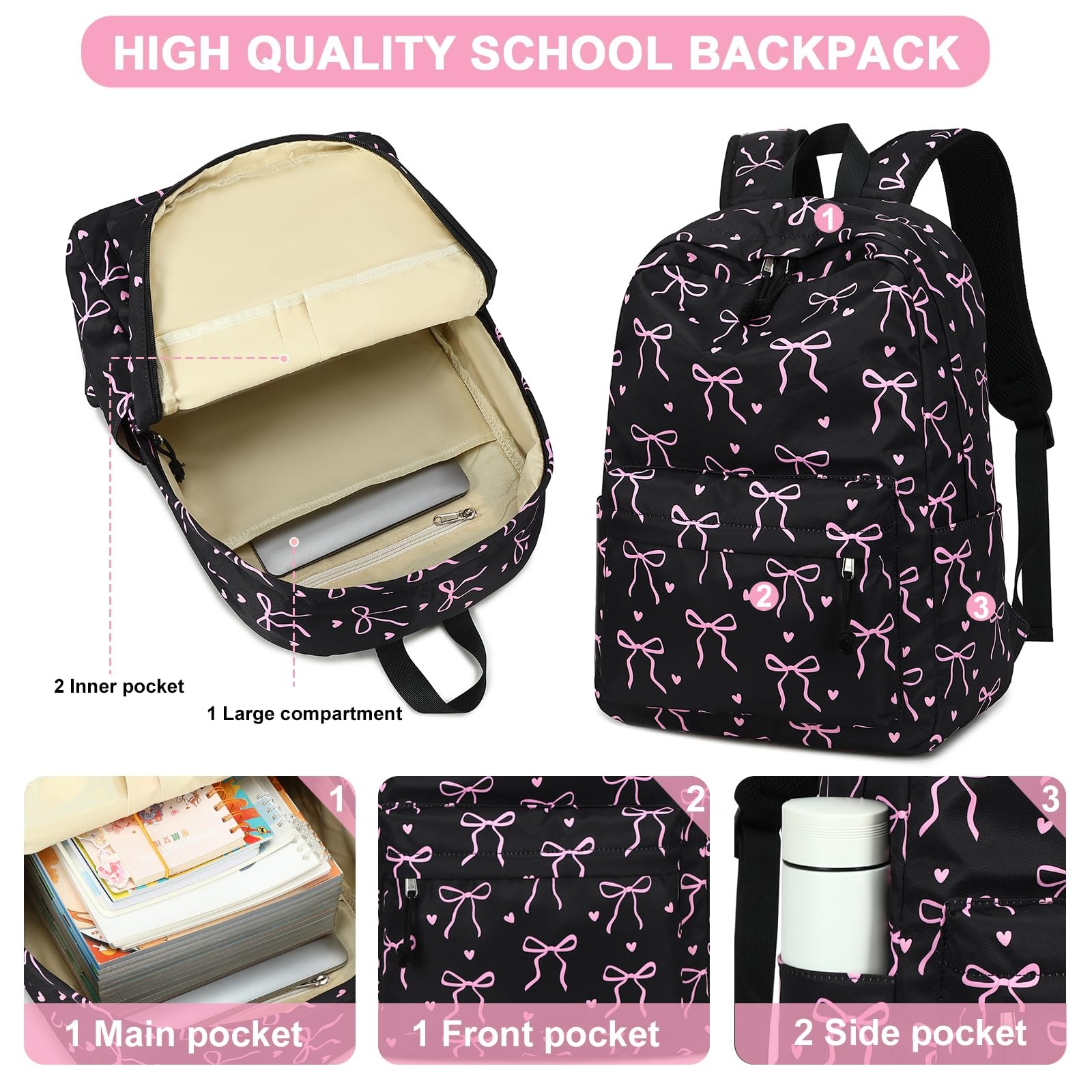 Cute Bow School Backpack For Teen Girls 15.6 Inch Laptop Bookbag Daypack Black