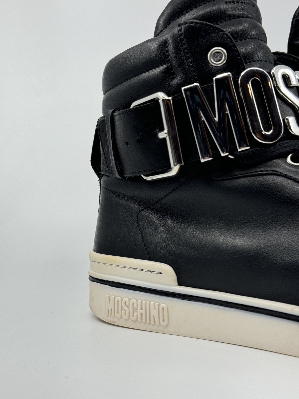 Moschino Mens Leather High Top Sneaker Logo Belt Buckle EU 43 US 10