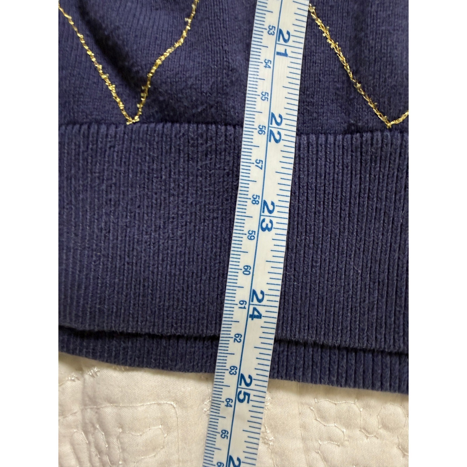 Lilly Pulitzer V-Neck Sweater Womens Large Navy Blue Argyle Gold Metallic Trim