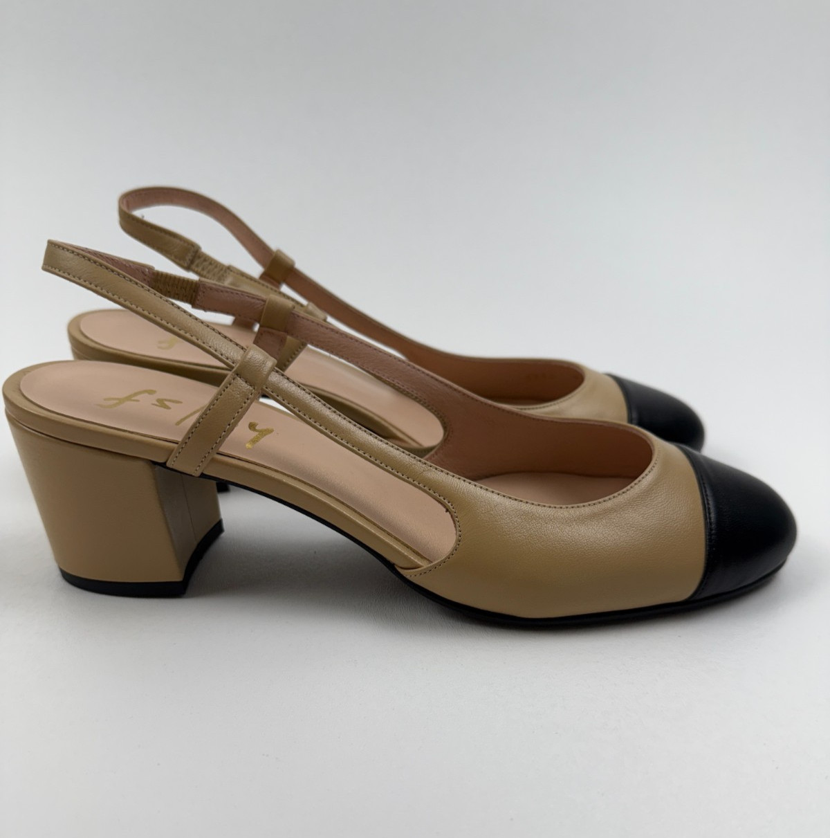 French Sole FS/NY Tuckernuck Slingback Baton Heels Camel Napa/Black NWT
