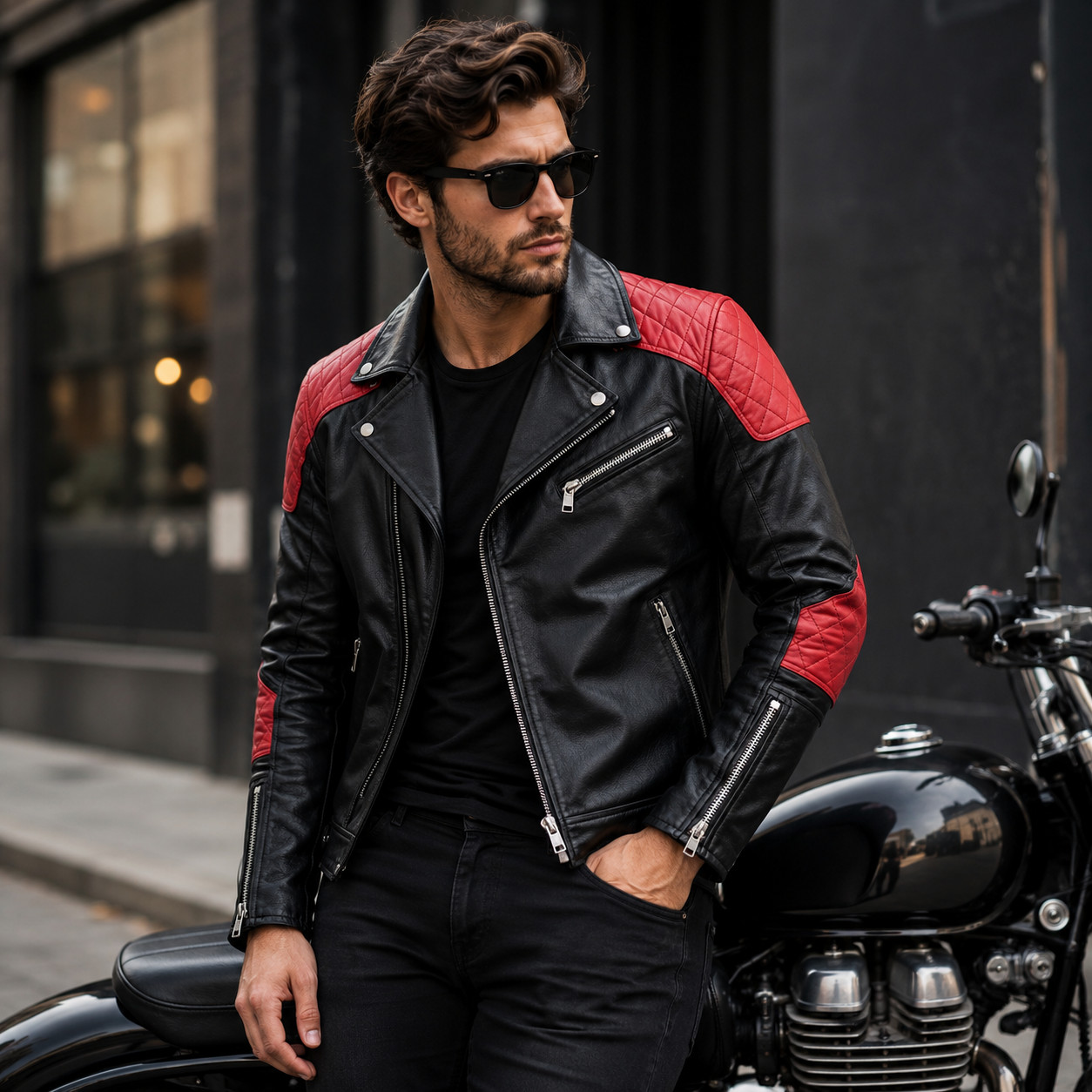 Men’s Black Leather Motorcycle Biker Jacket Red Quilted Slim Fit S-3XL