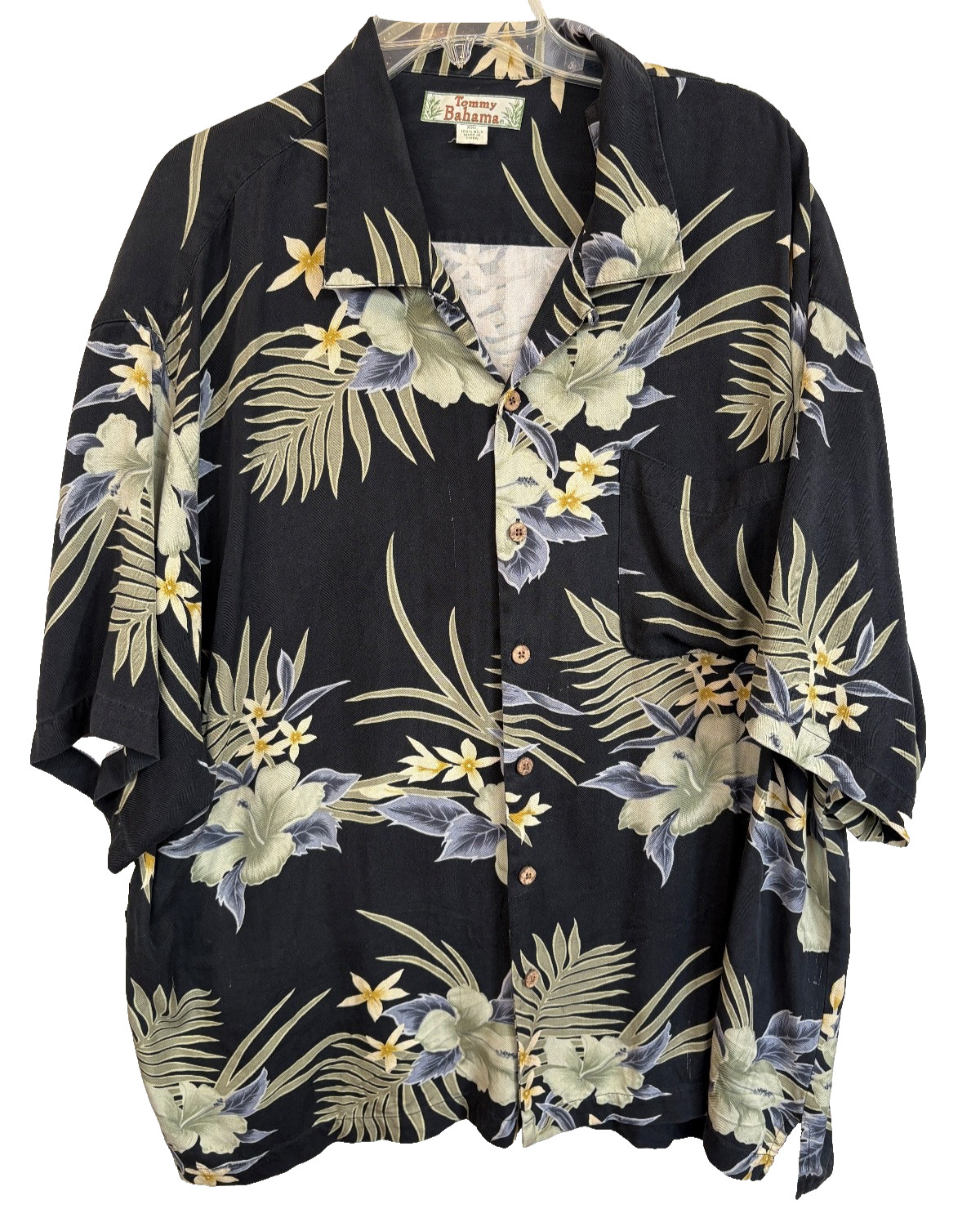 Tommy Bahama Hawaiian Shirt Mens XXL Black w Floral Print 100% Silk Machine Wash