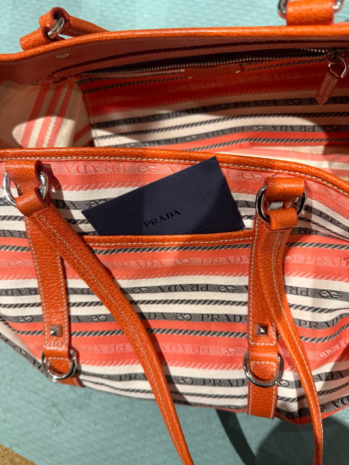 PRADA Authentic Tote Bag Canvas Orange Beige w/Silver plated hardware