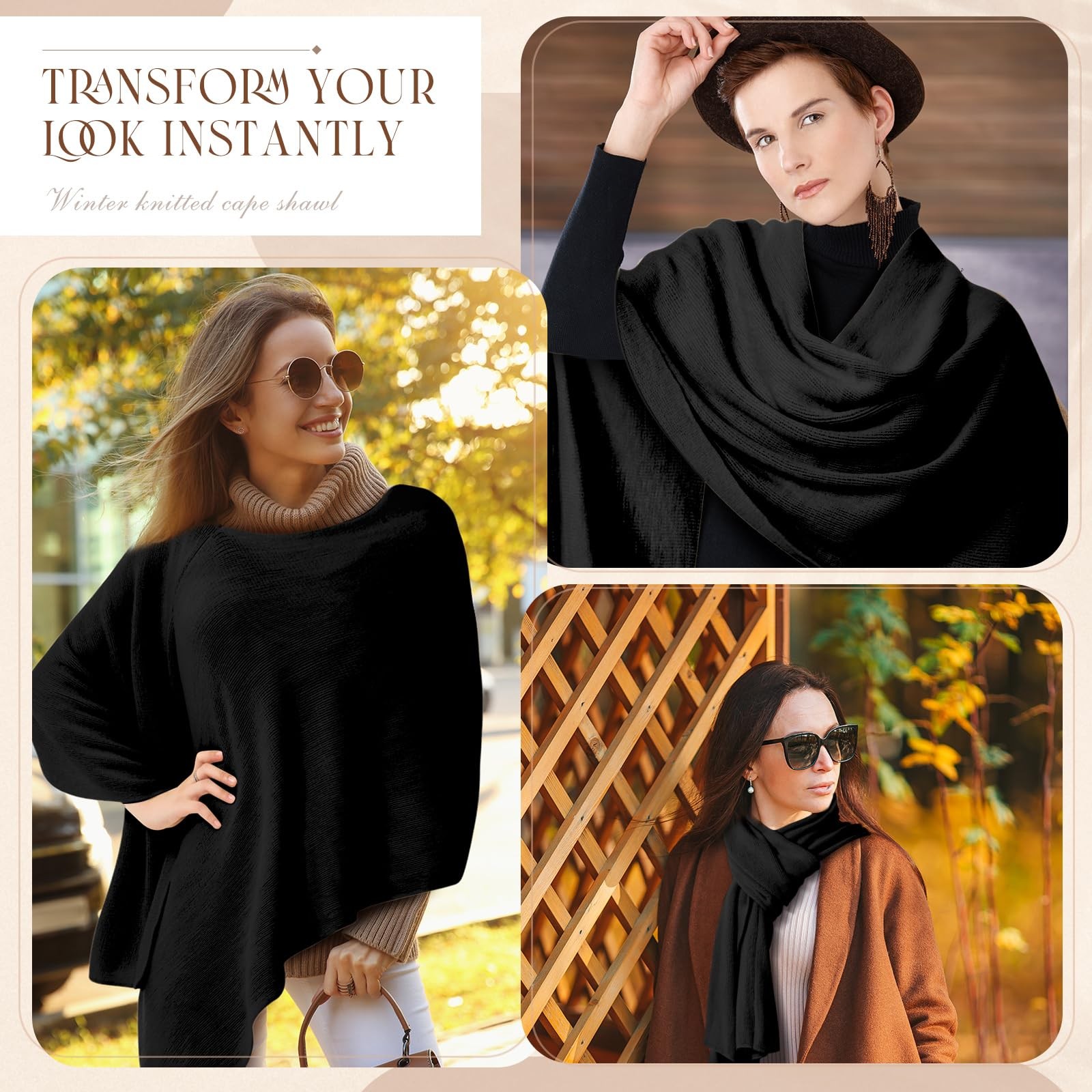 Women Ponchos Sweater Solid Knit Versatile Lightweight Shawl Wrap Scarf Cape