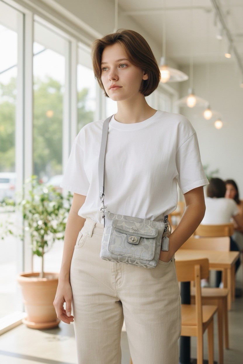 VTG COACH Penelope Signature Swingpack Crossbody~Ivory/Gray W/Silver Hardware