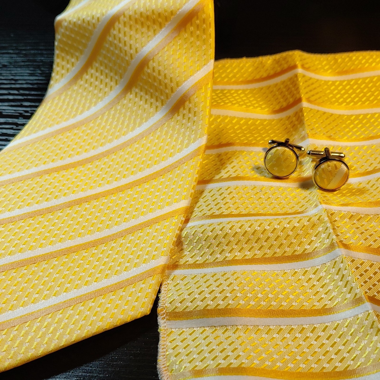 Men’s Yellow/White Striped Woven Necktie, Pocket Square Cufflinks 3pc