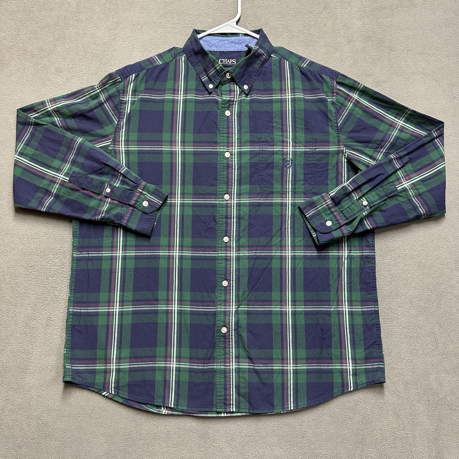 Chaps Shirt Mens XL Blue Green Plaid Button Down Long Sleeve Easy Care Casual