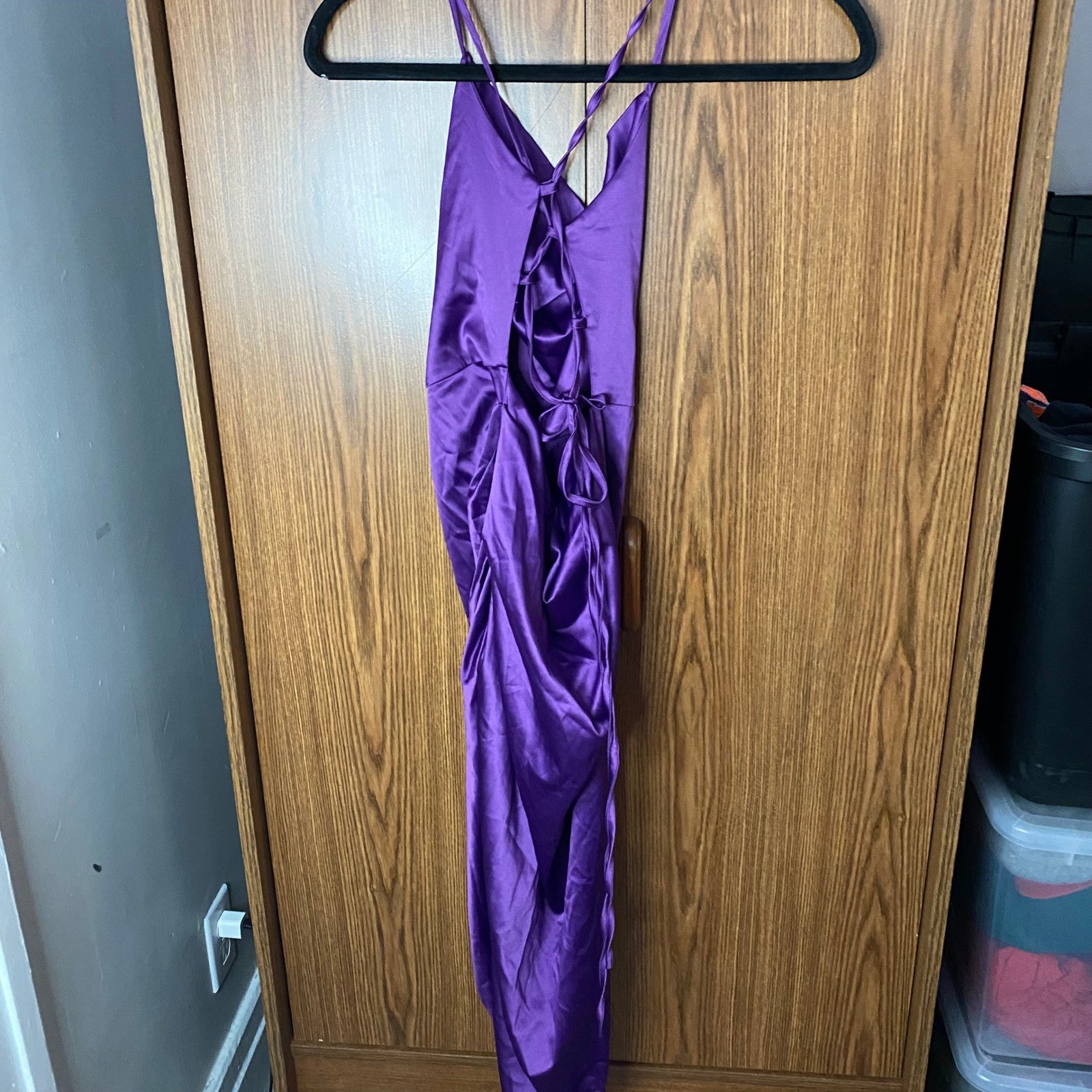Asymmetrical Satin Ruched Midi Dress Womens XL Purple Lace Up Back Cowl Neck