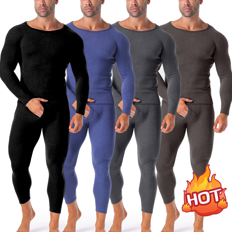 Men’s Long Johns Set Fleece Lined Thermal Underwear Top Bottom Set Winter Warm